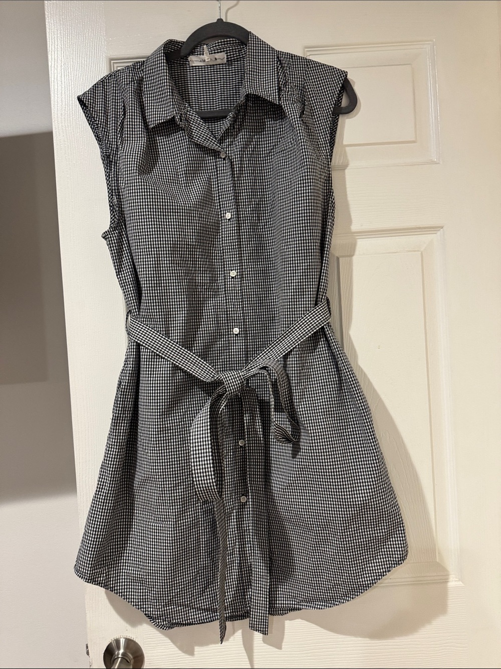 Frame Sleeveless Black & White Gingham Shirt Dress with Tie Waist size l